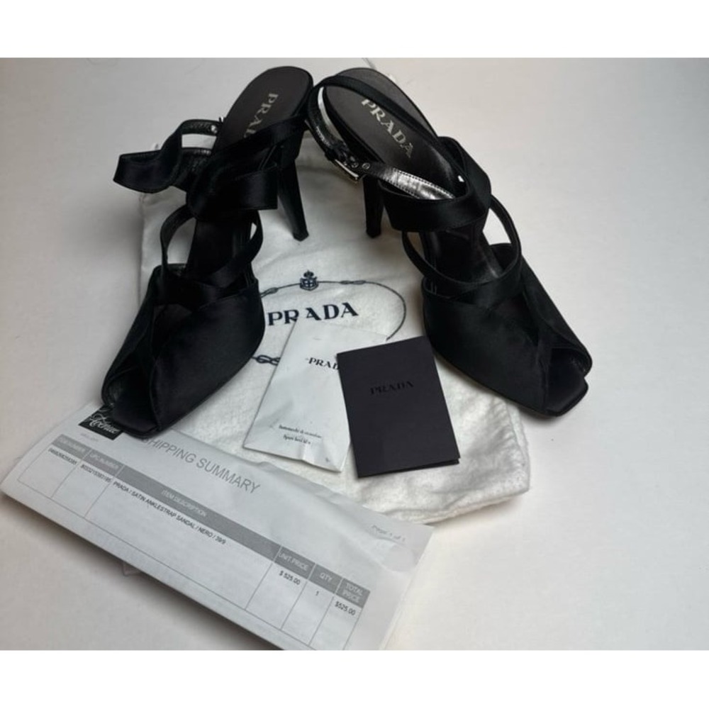 Prada Peep Toe Black Satin and Leather Straps Sandal Shoes‎